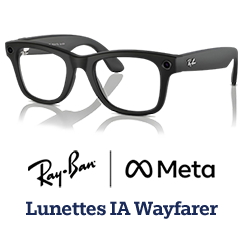 Lunettes Wayfarer AI noires avec verres transparents, portant les logos « Ray-Ban » et « Meta », étiquetées « Lunettes Wayfarer AI