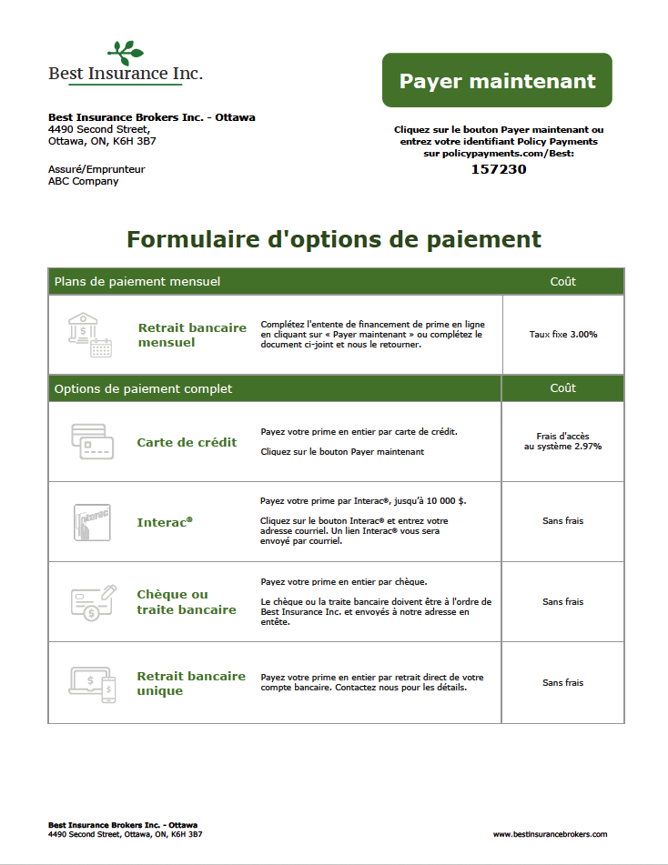 Formulaire d'options de paiement