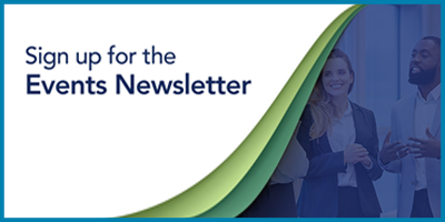 Image showing two people talking and text to sign up for our event newsletter.