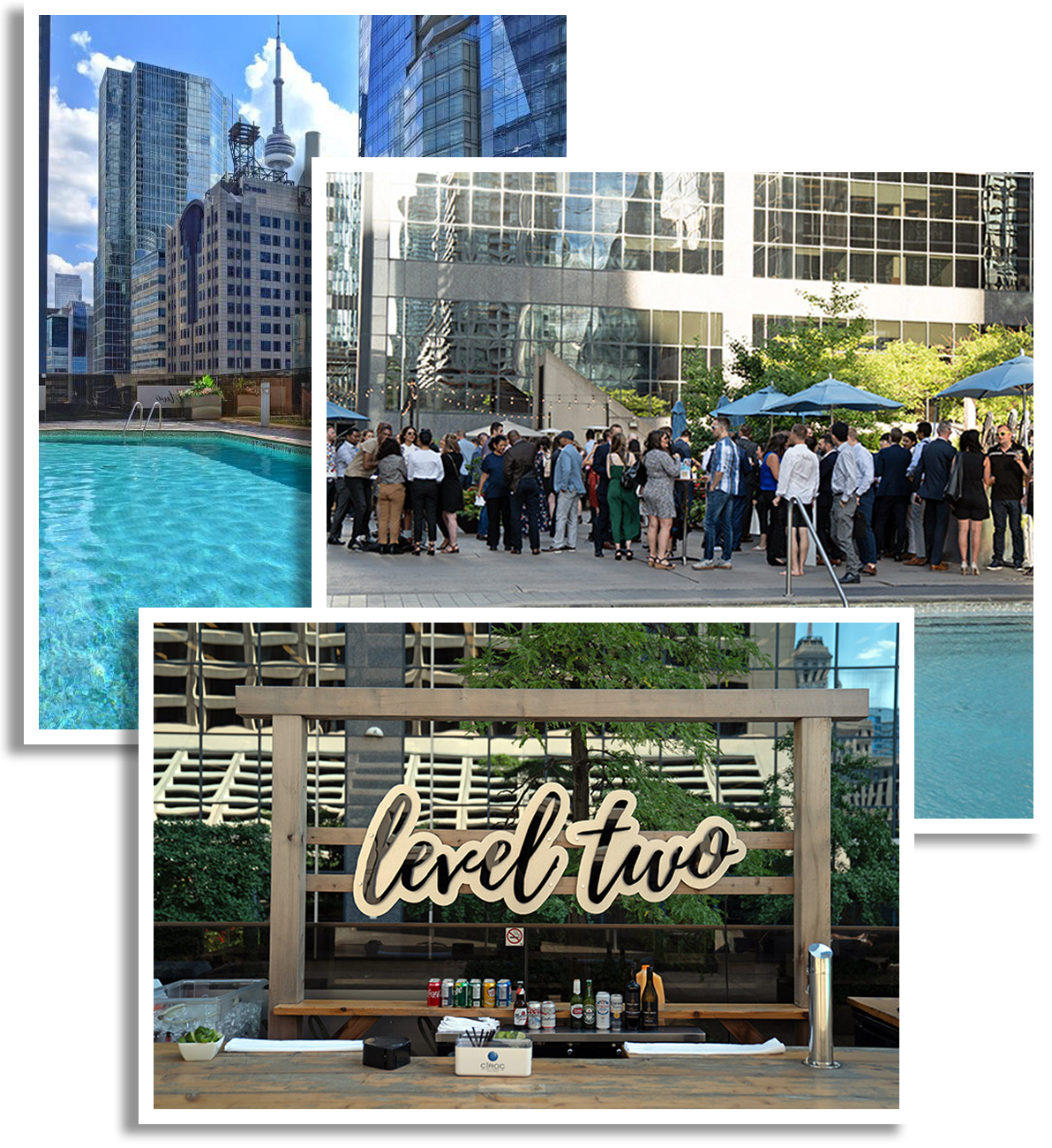 Stacked photographs of outdoor pool, rooftop patio with people interacting, and the bar area with Level Two sign