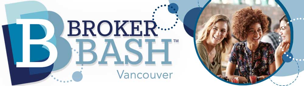 Broker Bash Vancouver logo with an image of three women talking and smiling in a busy restaurant