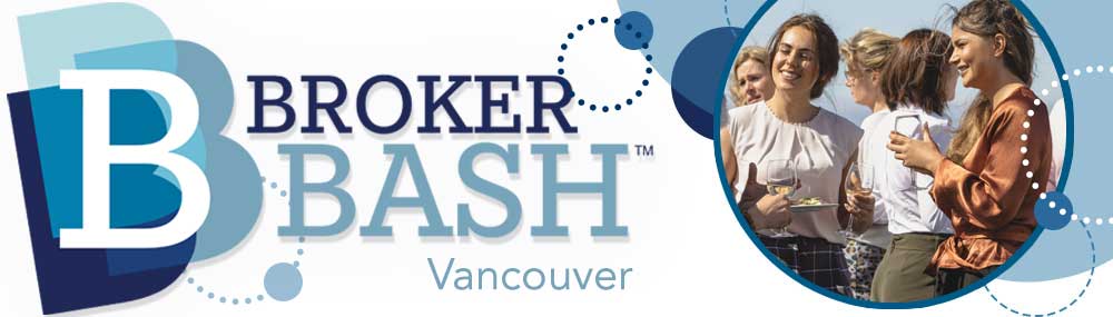 Broker Bash™ logo with people socializing at an event