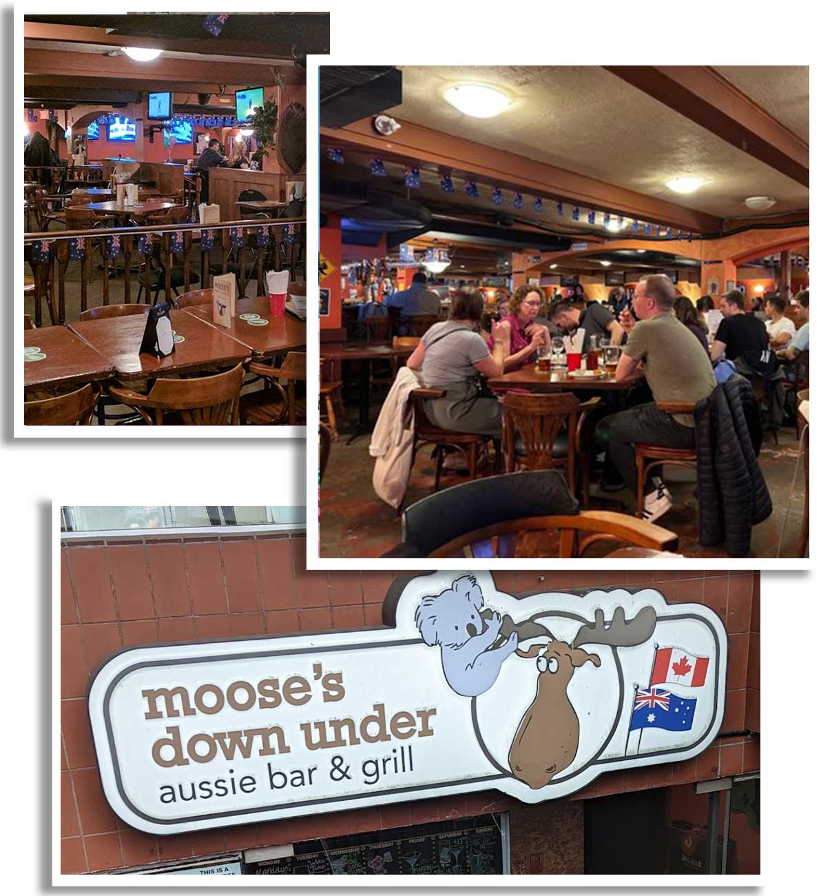 Stacked photographs of Moose Down Under with people interacting, and the bar area with Moose Down Under sign