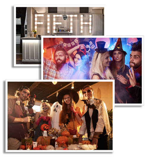 Collage of three pictures stacked of the venue's bar and open floor with lights and people socializing dressed in various halloween costumes
