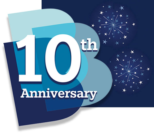 10th Anniversary Broker Bash logo with bursts of fireworks in the background 