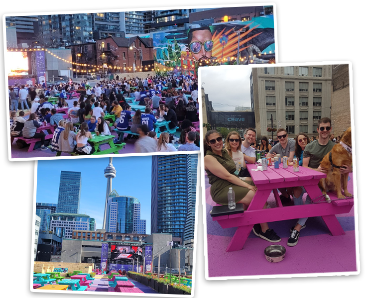 Stacked photographs of RendezViews, colourful tables with people interacting
