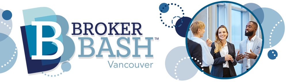 Broker Bash Vancouver logo with an image of two women and a man talking and smiling.